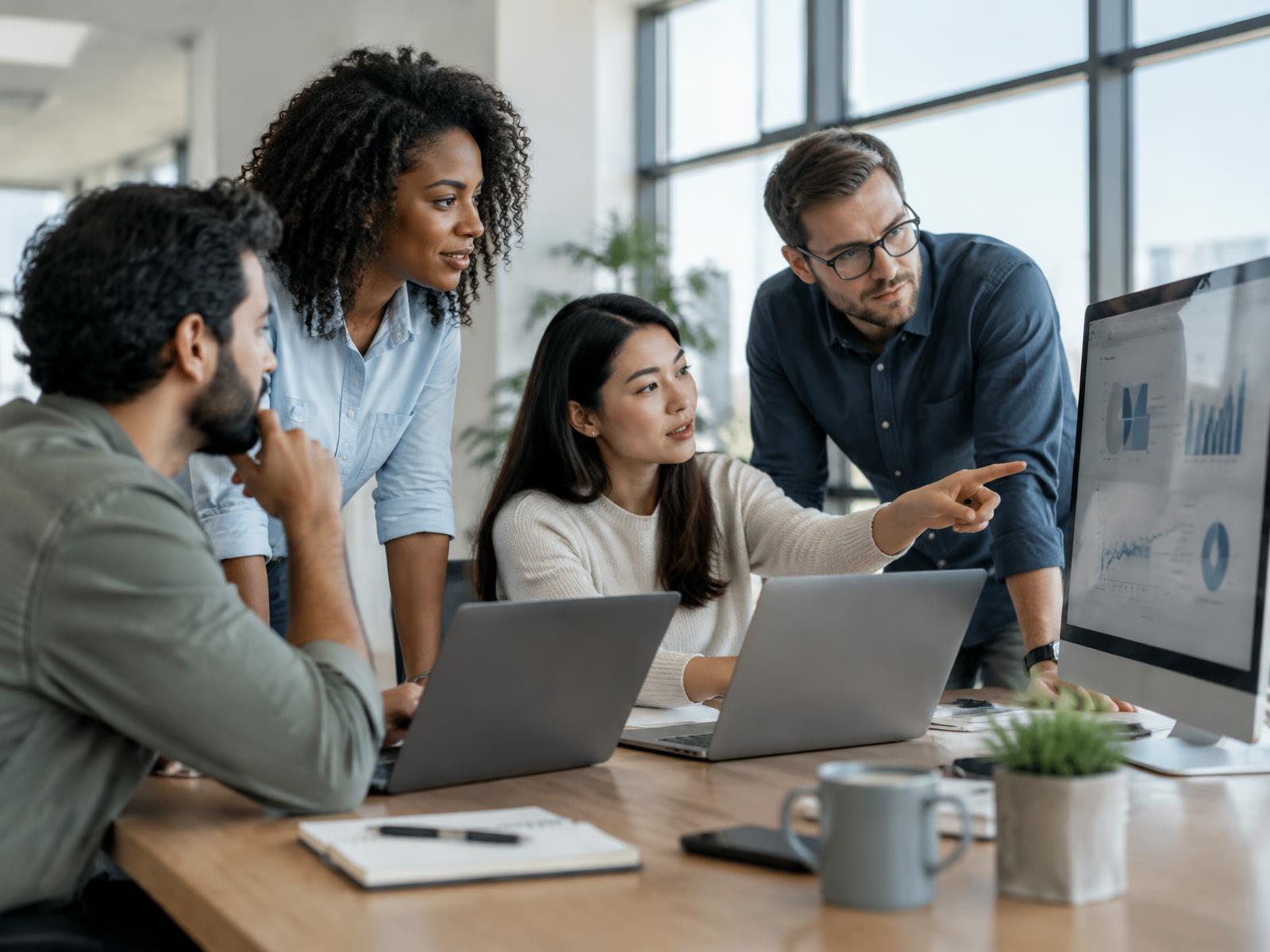 A team reviewing digital marketing performance together in an office