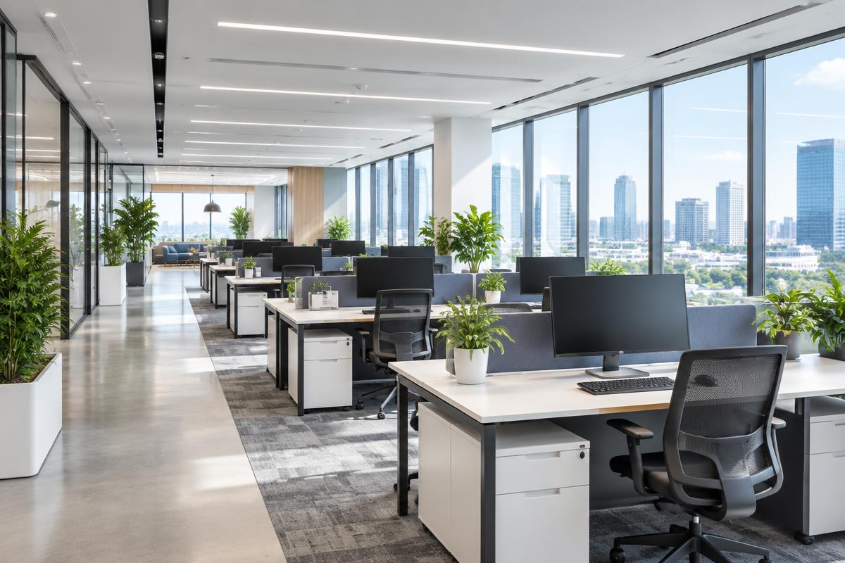 A bright open-plan office with desks and plants