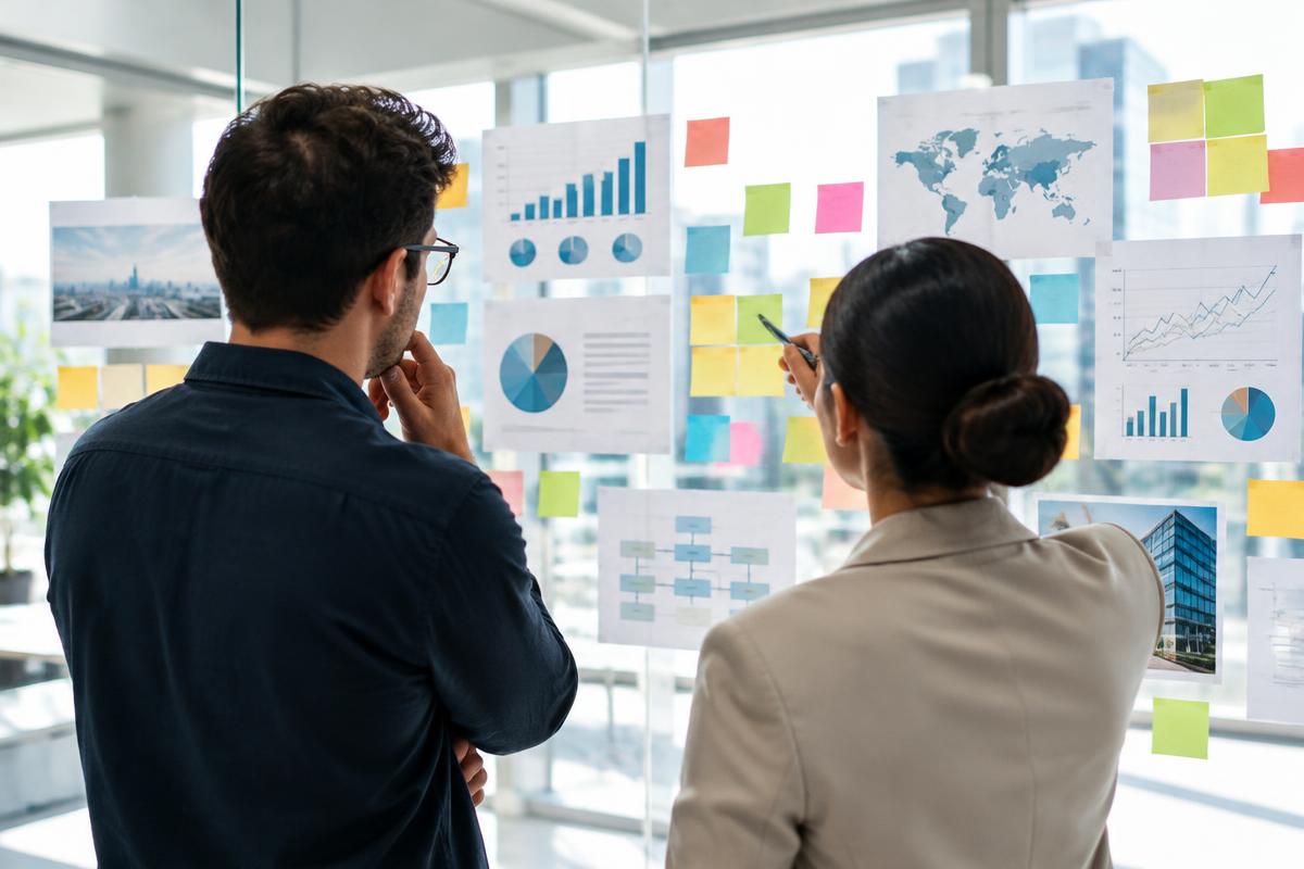 Two professionals planning strategy at a wall of notes and charts