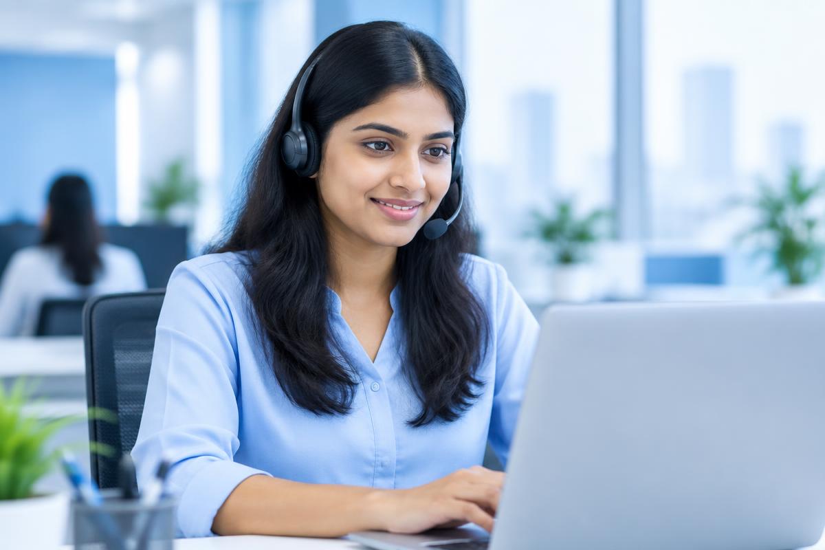A team member with a headset handling enquiries at a laptop